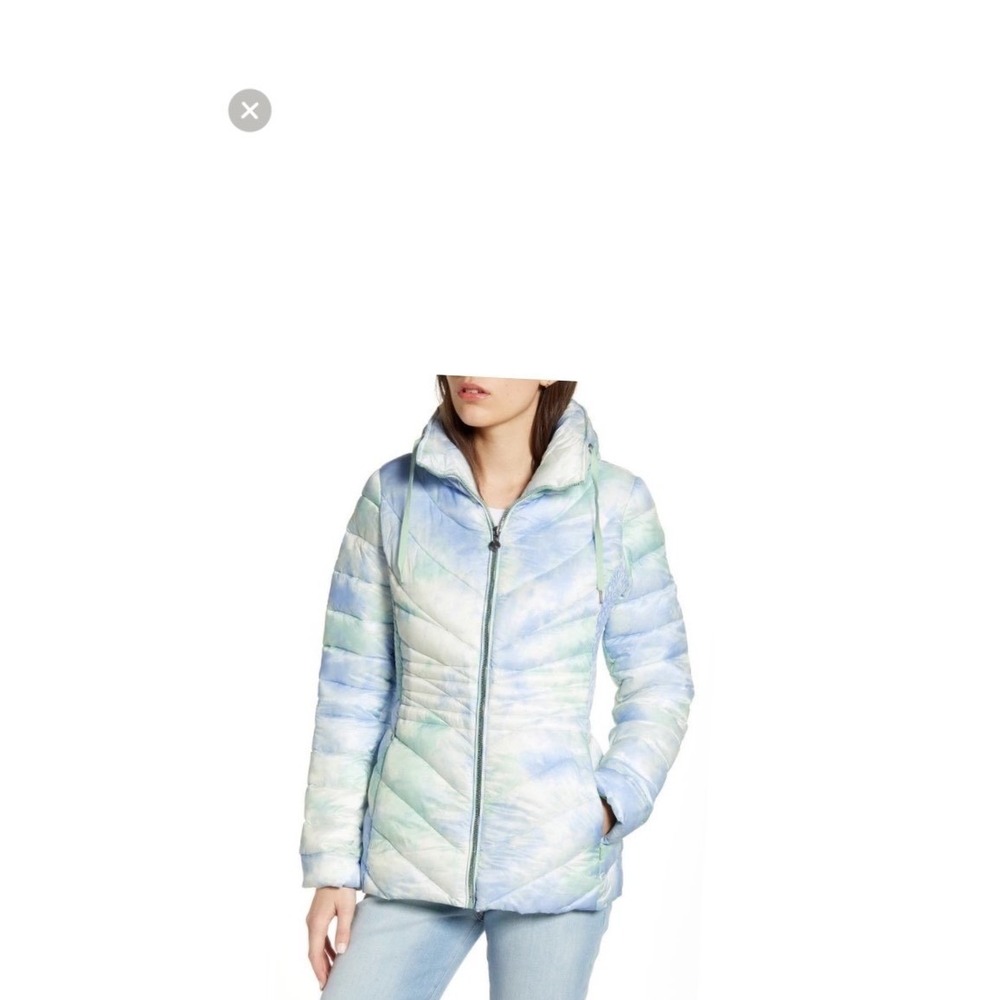 Bernardo Packable‎ Hooded Ecoplume Fill Puffer Coat Women's Size L Blue Tie Dye